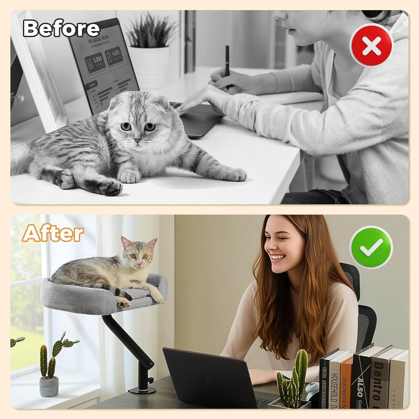 PAWZ Road Cat Desk Bed for Indoor Cats, Cat Bed for Desk Supports Up to 50 lbs, 360° Rotation & Adjustable, Nest Desktop Attachment Cats Hammock for Table, Gray