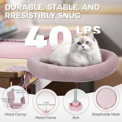 Rotating Cat Desk Bed - 40 LBS Chair-Side Cat Sleeping Basket with Bed for Desk, 360° Swivel & Removable Washable Cushion for Office Comfort(Pink