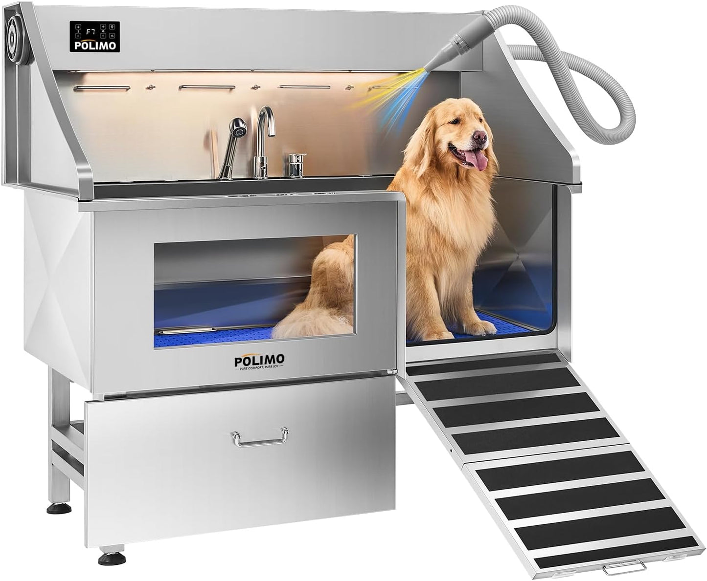 POLIMO Dog Wash Station with Pet Dryer & LED, Professional Dog Bathing Station for Large, Medium & Small Dogs – with Window, Ramp, Drawer, Floor Grate, LED Display & Faucet (Right Ramp & Dryer, 61")