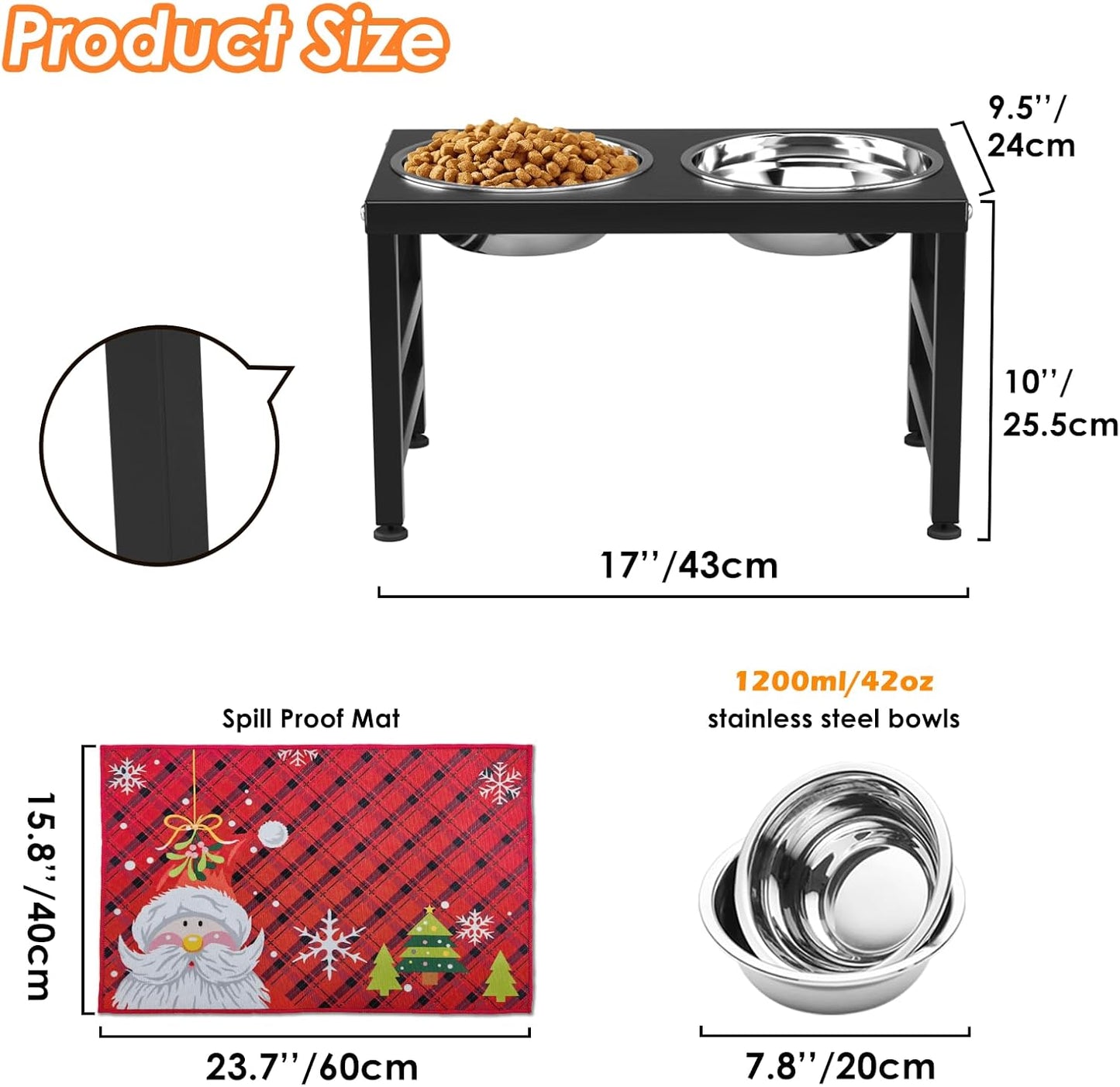 Raised Dog Bowl for Christmas, 10" Tall Elevated Dog Bowls with 2 Stainless Steel 42oz Bowls & 16x24 Non-Slip Mat, Raised Bowl Stand Gift for Dogs