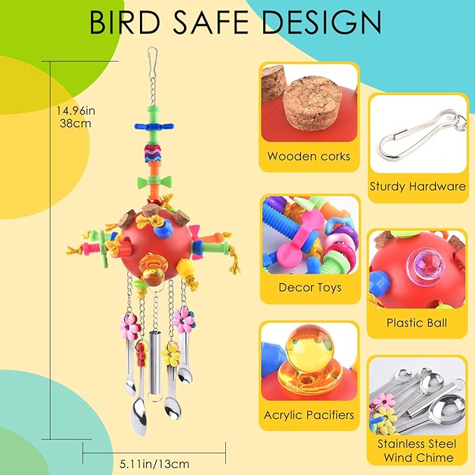 KATUMO Parrot Toys - Colored Chew Toys & Bird Spoons for Amazon Parrot, African Grey, Conure, Caique, Quaker, Small Cockatoo, Mini Macaw, Eclectus & Similar Small Medium Birds