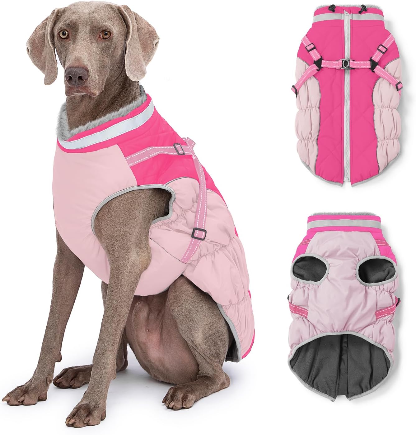 Dog Winter Coat with Harness, Dog Jacket, Pet Clothes with Zipper on Back, Waterproof Windproof Warm Vest, Reflective Cold Weather Coats, for Small Medium Large Dogs, Thick, Pink, XL