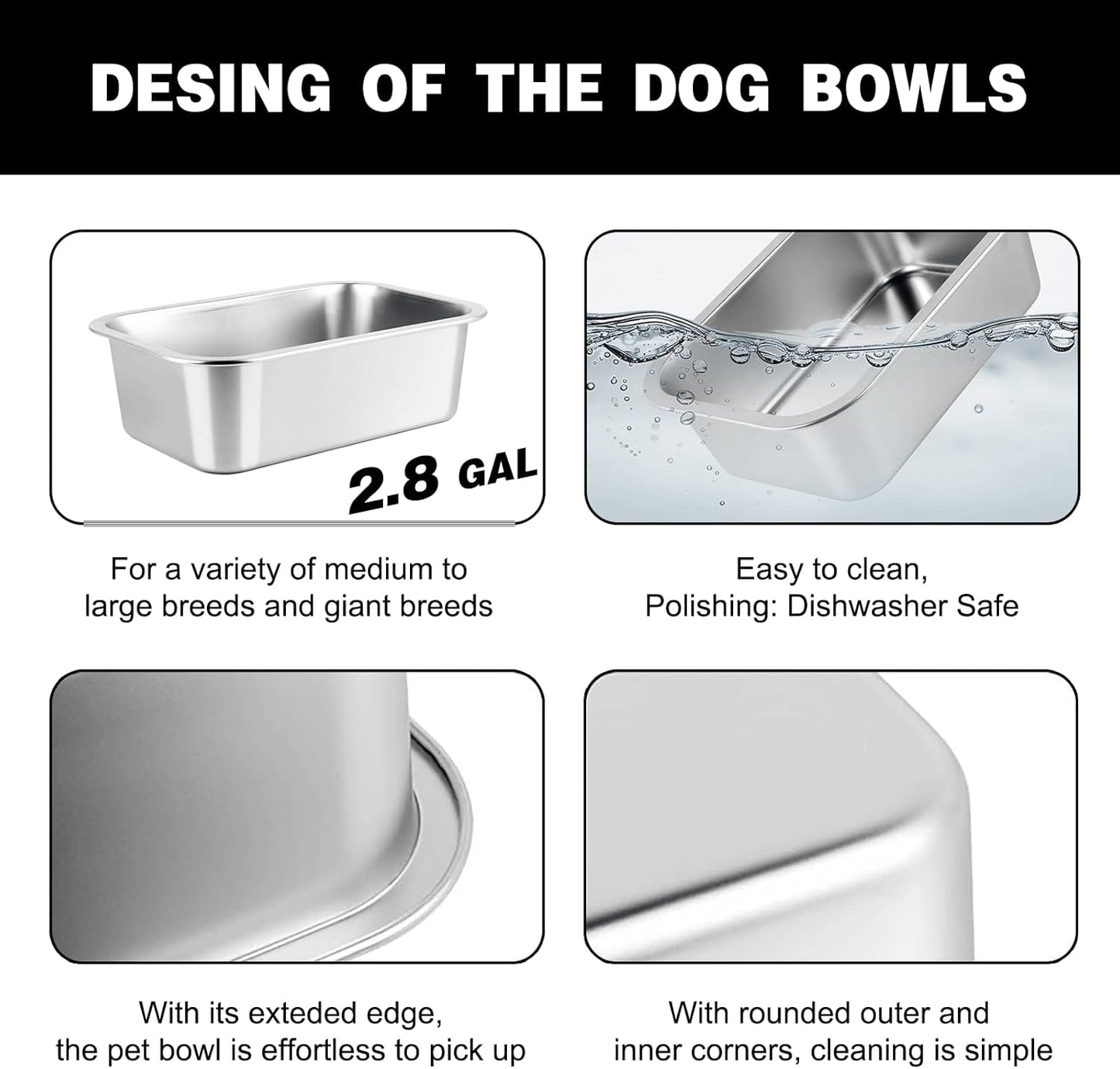 2.8 Gallon Elevated Large Dog Water Bowl, 4 Adjustable Height 10.5-15.8'' Raised Stainless Steel Bowl Stand with Anti-Slip Mat for Large Breed, Metal Dog Feeding Station for Relief Joint Pressure