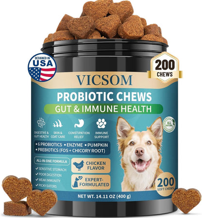 Dog Probiotics for Dogs, 200 Soft Probiotics Chews for Dogs Digestive Health Gut Health & Immune System, with 6 Probiotics & Digestive Enzymes, Support Itchy Skin, Constipation & Diarrhea Relief