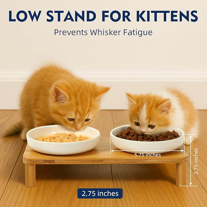 Elevated Cat Bowls for Indoor Cats – Raised Bamboo Cat Food Table with 2 Ceramic Dishes, Adjustable Height (4.25"/3.07"), Set of 1