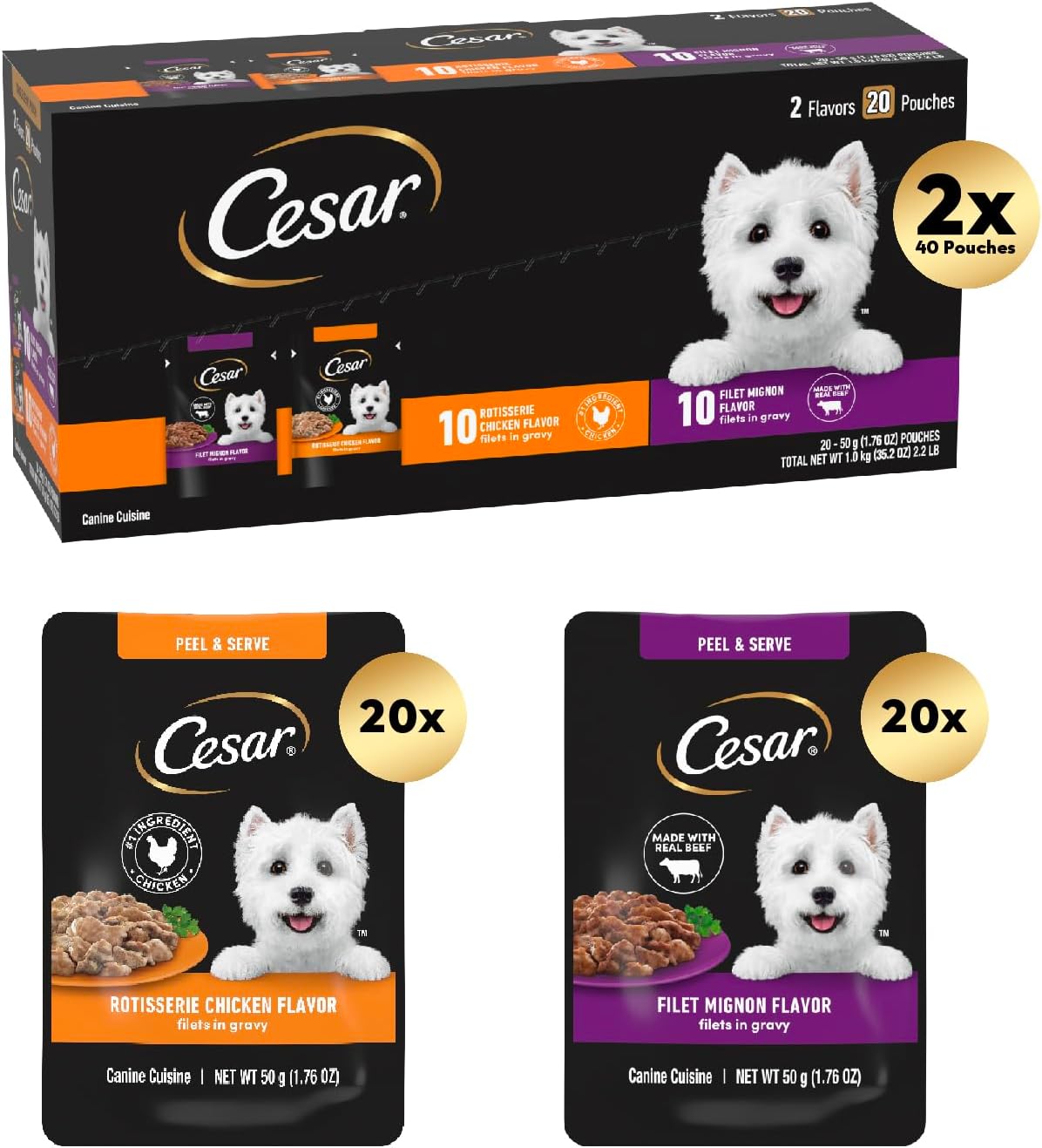 Cesar Filets in Gravy Wet Dog Food Filet Mignon Flavor and Rotisserie Chicken Flavor Variety Pack, 1.76 oz. Mini-Pouches (20 Count, Pack of 2)