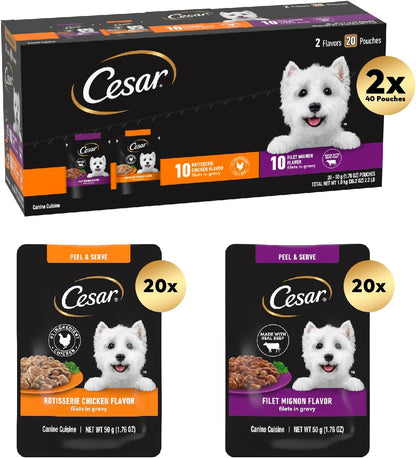 Cesar Filets in Gravy Wet Dog Food Filet Mignon Flavor and Rotisserie Chicken Flavor Variety Pack, 1.76 oz. Mini-Pouches (20 Count, Pack of 2)