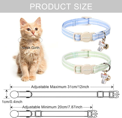 ARING PET 2 Pack Cat Collar-Cute Cotton Cat Collar Breakaway with Bell & Pendant, Adjustable Blue Green Striped Kitten Collars with Safety Buckle for Girl and Boy Pets
