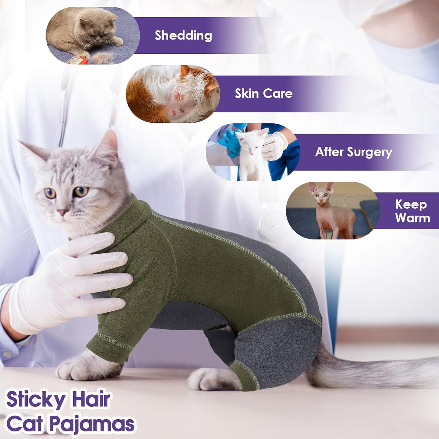 SUNFURA Hair Sticky Cat Clothes, Cat Sweater for Cats Only, 4-Legged Fleece Sweaters Kitten Pajamas Reduce Shedding Fur, Warm Pullover Shirts for Cats, Army Green M