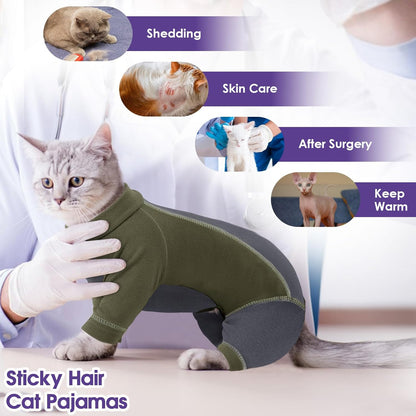 SUNFURA Hair Sticky Cat Clothes, Cat Sweater for Cats Only, 4-Legged Fleece Sweaters Kitten Pajamas Reduce Shedding Fur, Warm Pullover Shirts for Cats, Army Green XL