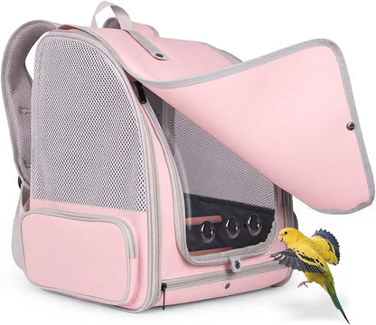 Parrot Carrier Backpack with Front Zipper Opening, Bird Travel Carrier Cage with Standing Perches and Metal Tray, Breathable Portable Transport Bag for Parakeet, Budgie, Conure, Cockatiel, Parrot