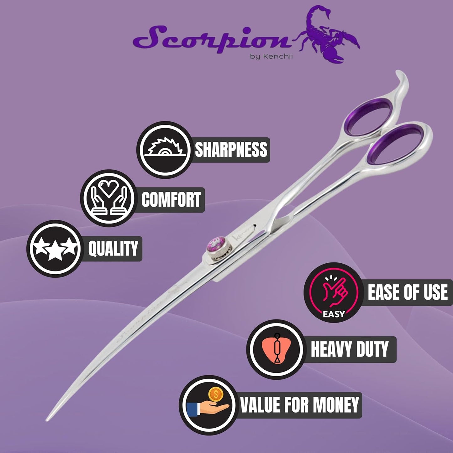 Kenchii Scorpion Dog Grooming Scissors, 8 Inch Curved Shears, Dog Scissors for Grooming, Professional Pet Grooming Scissors, Heavy Duty, Durable and Sharp