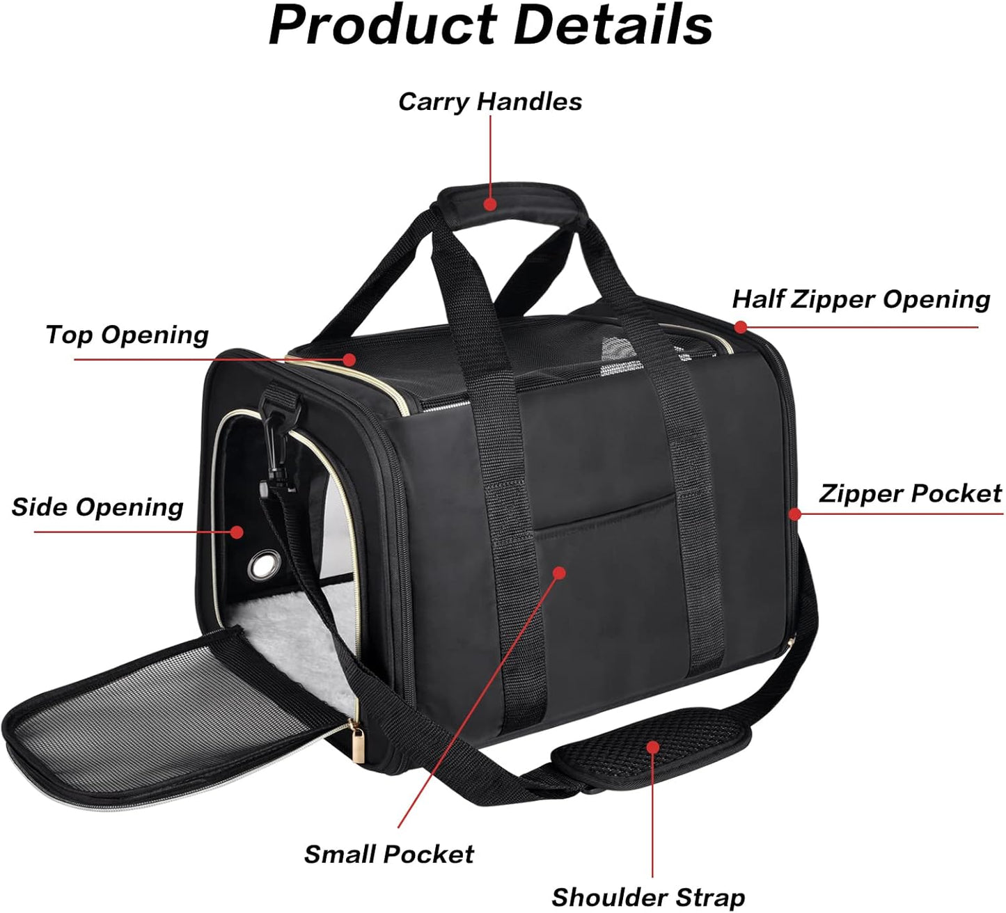 Petmolico Cat Carrier Soft-Sided Pet Bag for Small Medium Cats Puppies 16LBs - Airline Approved Pet Travel Carrier 3 Open Doors (Medium,Black)