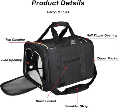 Petmolico Cat Carrier Soft-Sided Pet Bag for Small Medium Cats Puppies 16LBs - Airline Approved Pet Travel Carrier 3 Open Doors (Medium,Black)