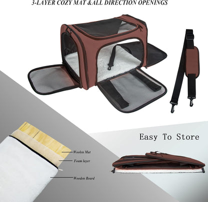 Soft Sided Carrier for Small Medium Cats Dogs,Removable Pad Collapsible Travel Pet Carrier Large Brown
