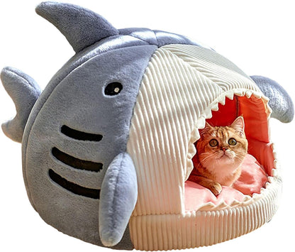 QWINEE Cat Mat Shark-Shaped Kennel Kitten Bed Hideout House Warm Soft Comfortable Semi-Closed Cat Dog Nest Blue L