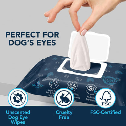 NOVEHA 300PCs Dog Eye Wipes - Tear Stain Remover for Dogs - Formulated with Chamomile and Aloe to Remove Eye Debris, Tear Stains & Eye Discharge - Plant Based, Safe, and Large 5"x5" Unscented Wipes