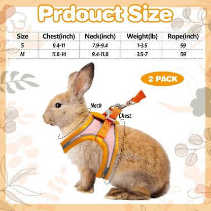 PINVNBY 2 Pack Bunny Hsrness and Leash Set Adjustable Rabbit Harness with Reflective Strips Double Buckle Pet Vest Eescape Proof for Small Rabbit Kitten Puppy Walks Accessories (Orange Pink, M)