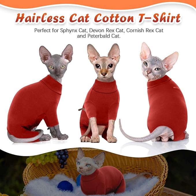 ROZKITCH Hairless Cat Clothes, Breathable Soft Cat Jumpers for Cats Only, Cat Coat with Four Legs, Warm Cat Sweater Cat T-Shirt Cat Pajamas Jumpsuit Vest Cornish Rex Devon Rex Peterbald Red L