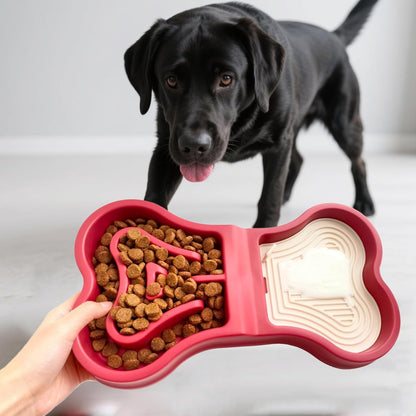 Bone Slow Feeder Bowl for Dogs Cats - 2-in-1 Lick Mat & Water Dish with 6 Non-Slip Pads, Food-Grade PP & Silicone Pet Bowl for Anti-Choking，Fun Feeding，Anxiety Relief (Red)