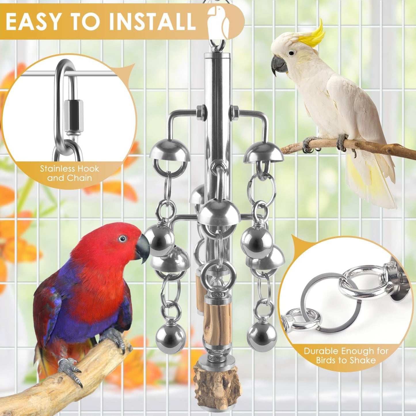 KATUMO Large Bird Toys, Natural Wooden and 304 Stainless Steel Bell Toy for Parrots, 1.46 LB Heavy Birds Cage Toy for Amazon Parrot, African Greys, Budgies, Lovebirds, Cockatiels,Cockatoo