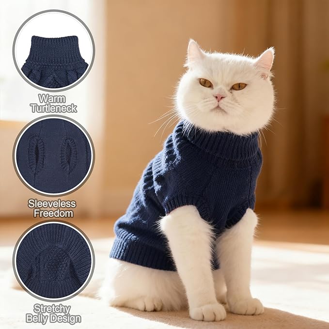 BINGPET Cat Sweater,Thermal Knitted Kitten Clothes Winter Coat,Classic Knit Turtleneck Cat Sweaters for Cats Only,Warm Pet Clothes for Kittens & Small Dogs Puppy Boy Girl Indoor Outdoor(Navy Blue,S)