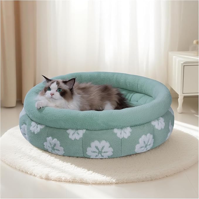 BALANCE Cat Beds for Indoor Cats, Washable Round Cat Bed, Cute 3D Flower Kitten Bed with Anti-Slip Bottom for Puppy and Kitten, 23 Inches, Green