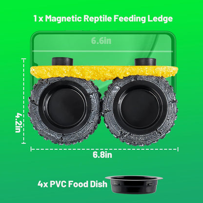 Gecko Gecko Feeder Ledge, Magnetic Reptile Feeding Ledge with 4 Food Bowls, Natural Tire-Design Resin Base for Bearded Dragon, Snake, Frog in Glass/PVC/Acrylic/Wood Tanks