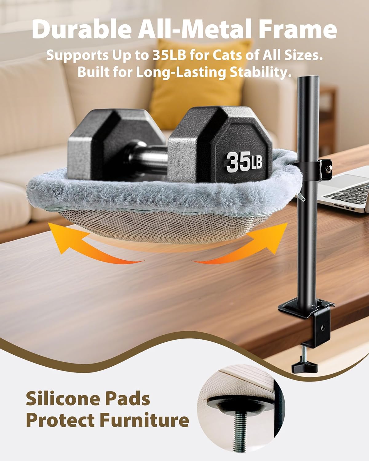 L&W BROS. Cat Desk Bed – Adjustable Desk Cat Hammock with 360° Rotating Arm, Dual-Sided Washable Cover, 35LB Capacity, 17"x14", Metal Frame