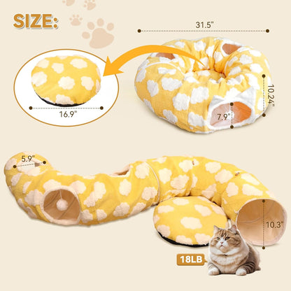 Donut Cat Tunnel Bed with 4 Peekaboo Holes, Multi-Cat Play Tube & Cozy Cave, Plush Indoor Kitten Toy Tent, Machine Washable and Collapsible