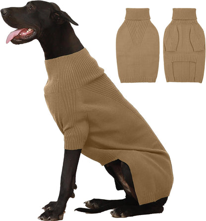IECOii Extra Large Dog Sweater 4XL,Thermal Warm Dog Sweaters for Giant Breed Dogs,Turtleneck Knitted Knitwear for Pet Winter,Stretchy&Easy On Doggy Sweatshirt for Doberman,Great Dane(Camel,XXXXL)
