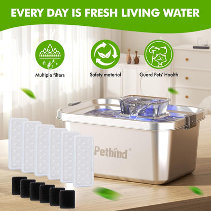 6 Pack Dog Water Fountain Filters and 6 Pack Sponges, Suitable for Stainless Steel Dog Water Fountain (PF-SS-01/PF-SS-02/PF-SS-04), High Efficiency Filtration, Idividual Package