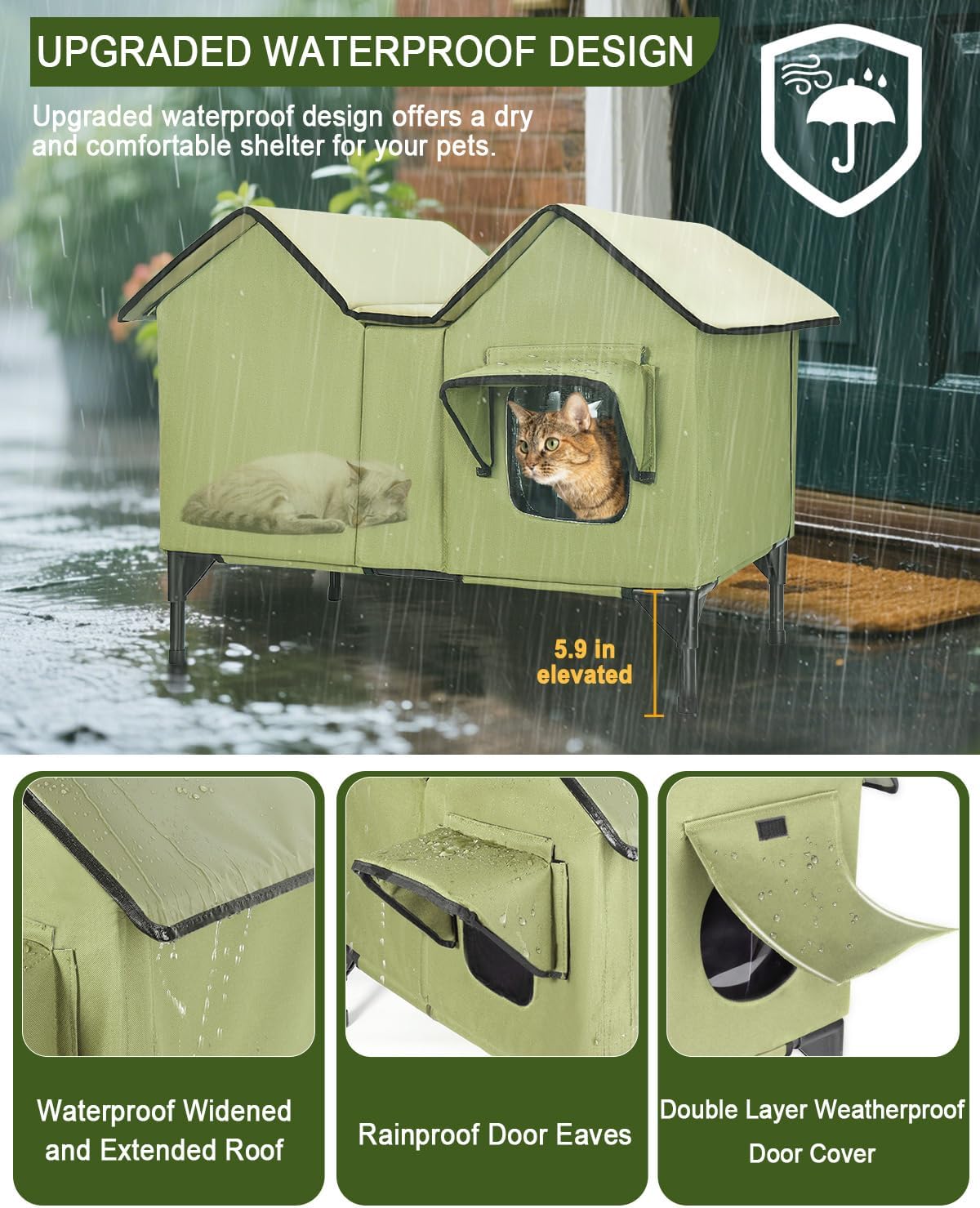 Extra Large Heated Cat House for Outside in Winter, Elevated Heated Outdoor Cat House Weatherproof with Heating pad, Insulated Outdoor Cat Shelter for Multiple Cats Small Dogs(Green)