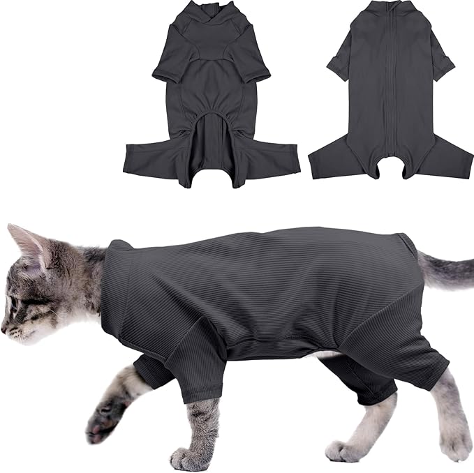 Sticky Hair Cat Clothes, Breathable & Lightweight, Reduces Shedding Fur Pajamas, Full Body Long Sleeve Surgical Bodysuit, Stop Licking & Shedding,Darkgrey,M
