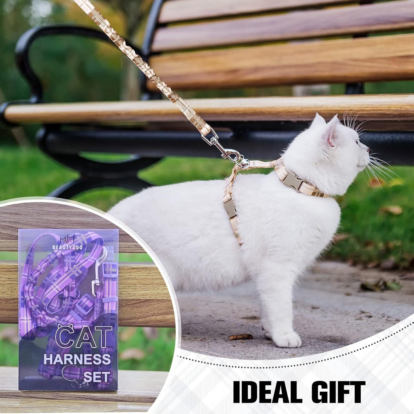 BEAUTYZOO Cat Harness and Leash Set Escape Proof for Walking, Kitten Soft Adjustable Vest Harnesses for Small Medium Large Cats, Easy Control Breathable Plaid Ribbon Nylon for Outdoor Indoor Use