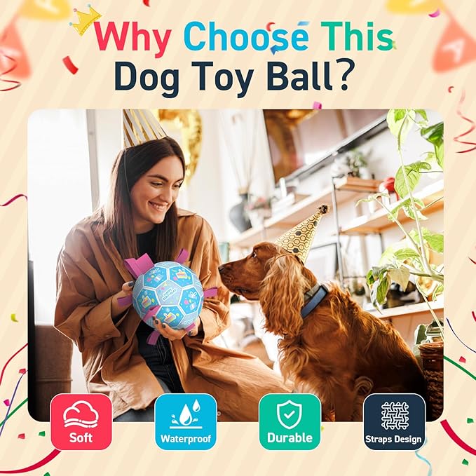 QDAN Dog Birthday Toys, Soccer Ball for Dogs with Straps, Dog Ball Toy, Puppy Birthday Gifts, Durable Herding Balls for Medium Large Dogs (8 inch)