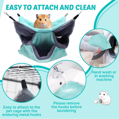LYART Sugar Glider Pouch Hammock Bed Bedding, Sugar Glider Cage Accessories Toys for Rat, 3-Layer Hammock Make Pet Cages More Three-Dimensional (2.Mint)