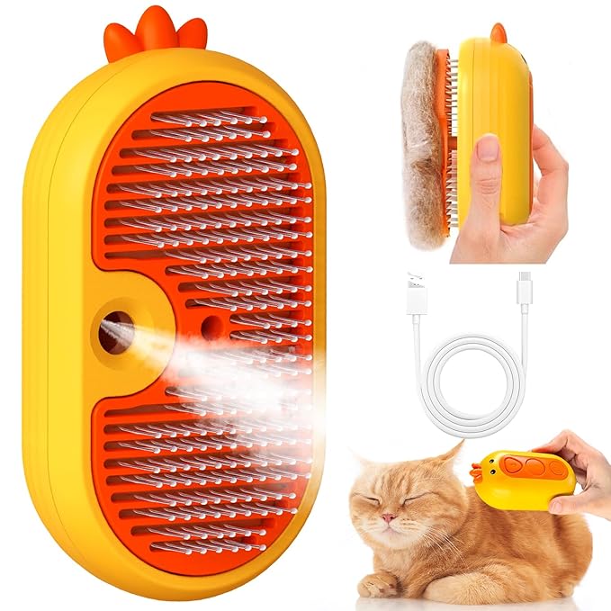 Cat Steam Brush with Release Button, 3 in 1 Rechargeable Pet Spray Water Comb for Long & Short Hair Removal, Self Cleaning Slicker Vapor Brush for Indoor Cats Dogs Rabbits Shedding Grooming
