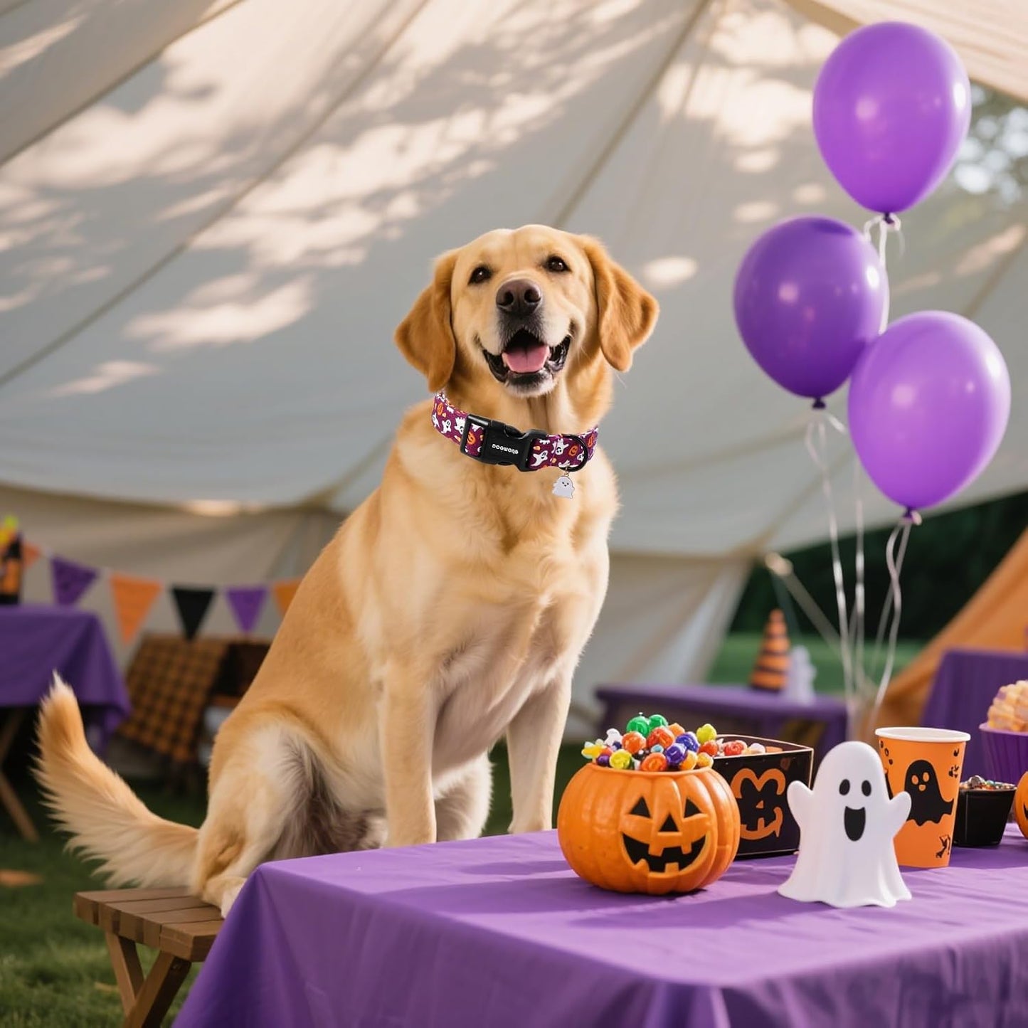 DOGWONG Halloween Dog Collar, Ghost Purple Dog Collars, Adjustable Cute Fall Pet Collars Autumn Design Dog Collar for Small Medium Large Dogs