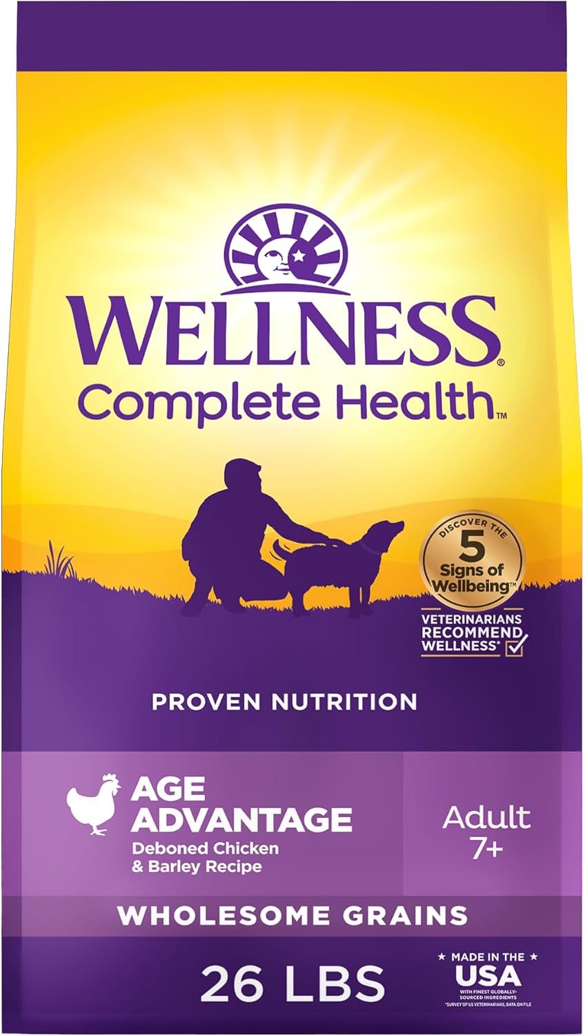 Wellness Complete Health Senior Dry Dog Food, Wholesome Grains, Natural, Age Advantage Chicken & Barley Recipe, (26-Pound Bag)