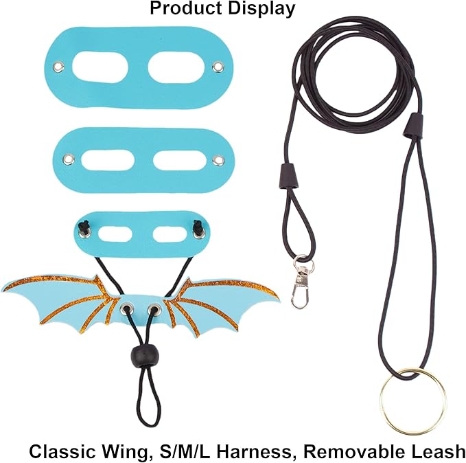 ADOGGYGO Bearded Dragon Harness, Blue, Wing Style, Animal Harness, 3 Size Pack, Soft Leather, Durable Nylon Rope, Removable Leash, Suitable for Baby to Adult Beardies
