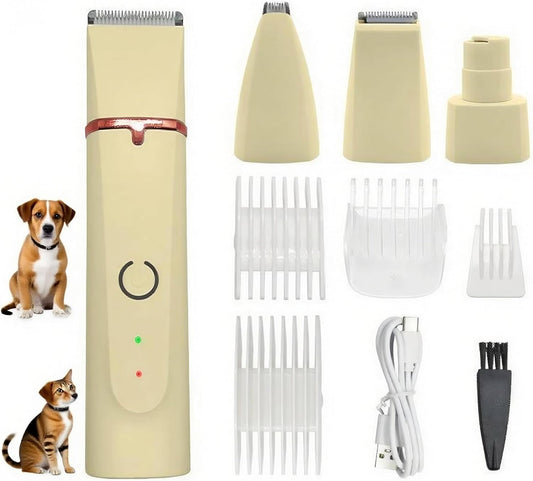 4 in1 Pet Dog Grooming Clippers Cat Nail Clipper&Paw Trimmer Dog Hair Trimmer-Low Noise Rechargeable - Cordless Quiet Pet Grooming Supplies for Dogs Hair Nail Clippers Around Eyes and Ears (Beige)
