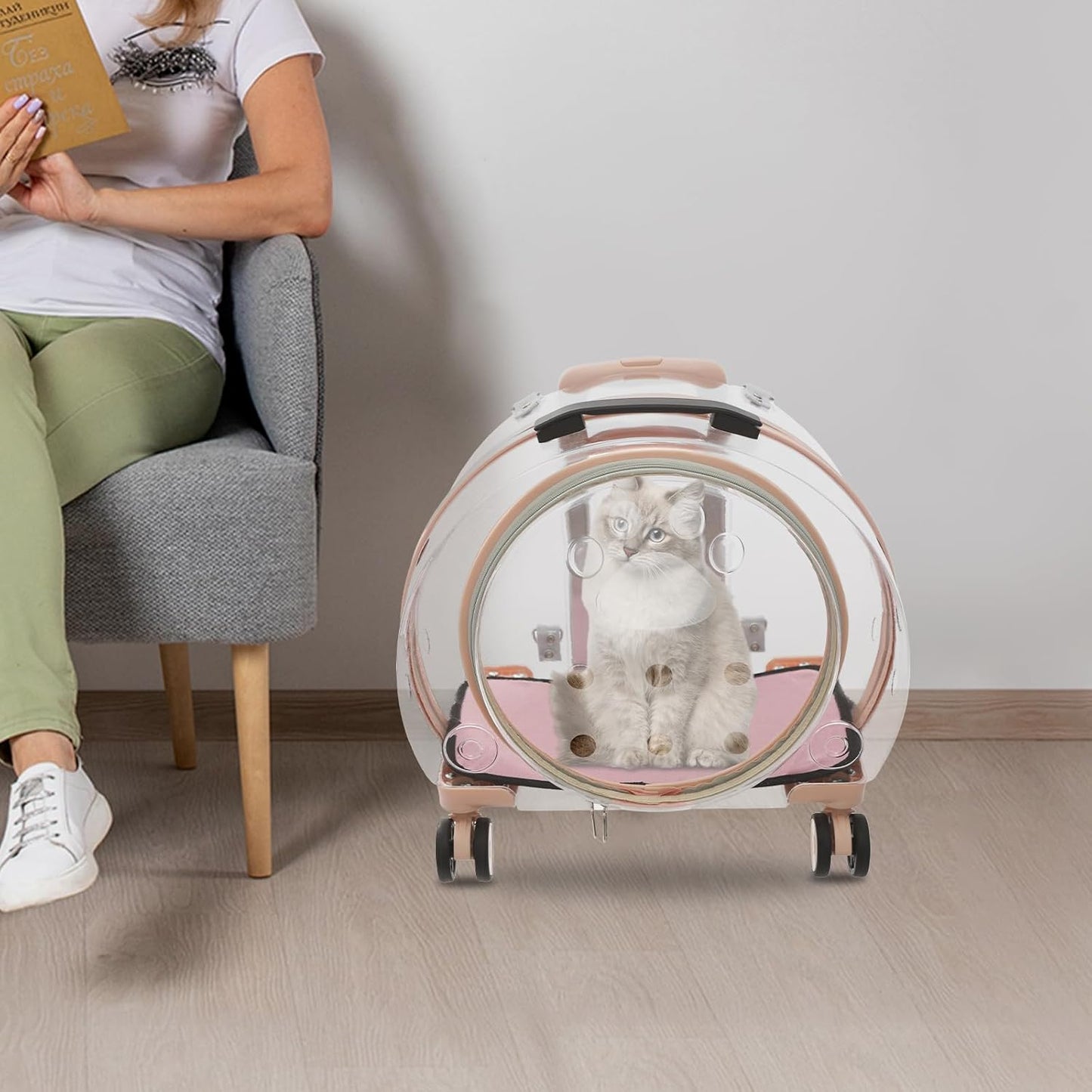 Cat Backpack Carrier, Transparent & Fully Breathable Hard cat Carrier with Rolling Wheels for Kitty Small Dog up to 19lbs, Multiple Carrying Options, Perfect for Travel Hiking, Pink, Clear