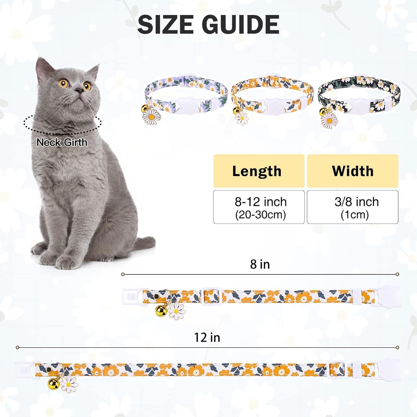 3 Pack Breakaway Cat Collars with Bell- Flower Pendant Spring Cat Collar for Girl Boy Cats with Safety Buckle- Cute Kitten Collar Adjustable 8"-12" for Kitty Puppy Small Pets
