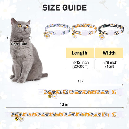 3 Pack Breakaway Cat Collars with Bell- Flower Pendant Spring Cat Collar for Girl Boy Cats with Safety Buckle- Cute Kitten Collar Adjustable 8"-12" for Kitty Puppy Small Pets