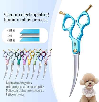 Professional Curved Dog Grooming Scissors with Sharper Self Grinding lightweight and finely trimmed split structure 6.5'' Japan VG10 63HRC for small dogs cat pet(Blue)