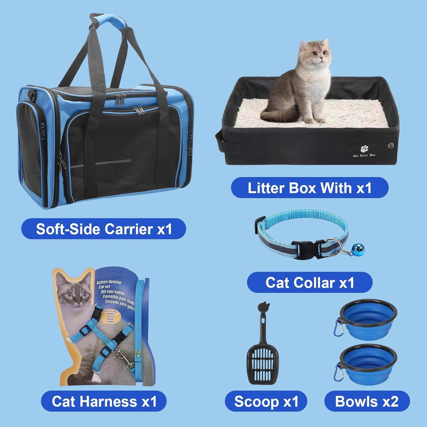 Cat Carrier Soft-Sided & Foldable Travel Litter Box for Cats, Fit for Pet Up to 20Lbs, 17.7' * 11.8 * 11.8 inches Cat Bag for Traveling & Camping, Indoor & Outdoor, Pet Carrier Kit - Blue