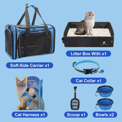 Cat Carrier Soft-Sided & Foldable Travel Litter Box for Cats, Fit for Pet Up to 20Lbs, 17.7' * 11.8 * 11.8 inches Cat Bag for Traveling & Camping, Indoor & Outdoor, Pet Carrier Kit - Blue