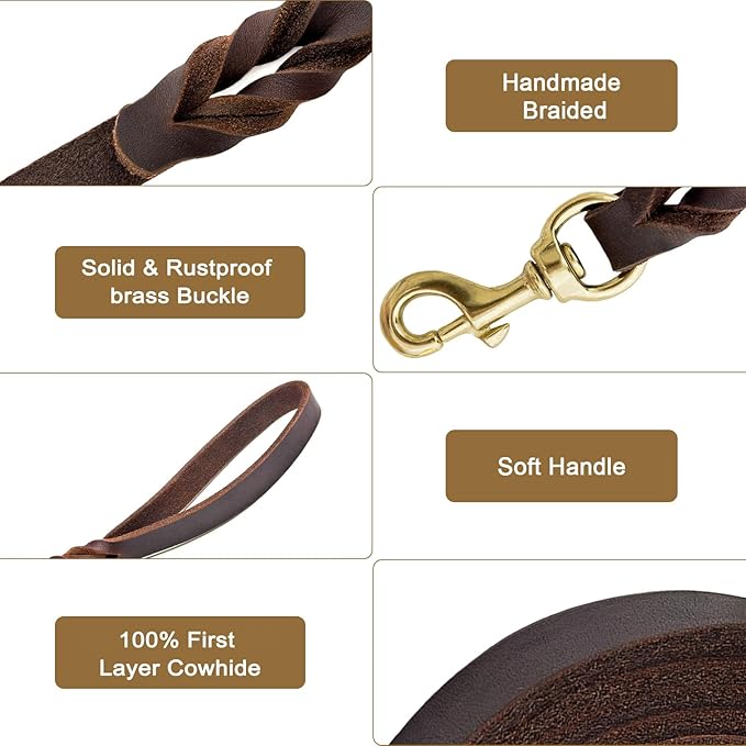 Guiding Star Leather Dog Leash 6ft, Dog Leashes for Large Dogs Heavy Duty, Soft Braided Handmade Leather Training Leash for Large & Medium Dogs (6ftx1inch, Brown)
