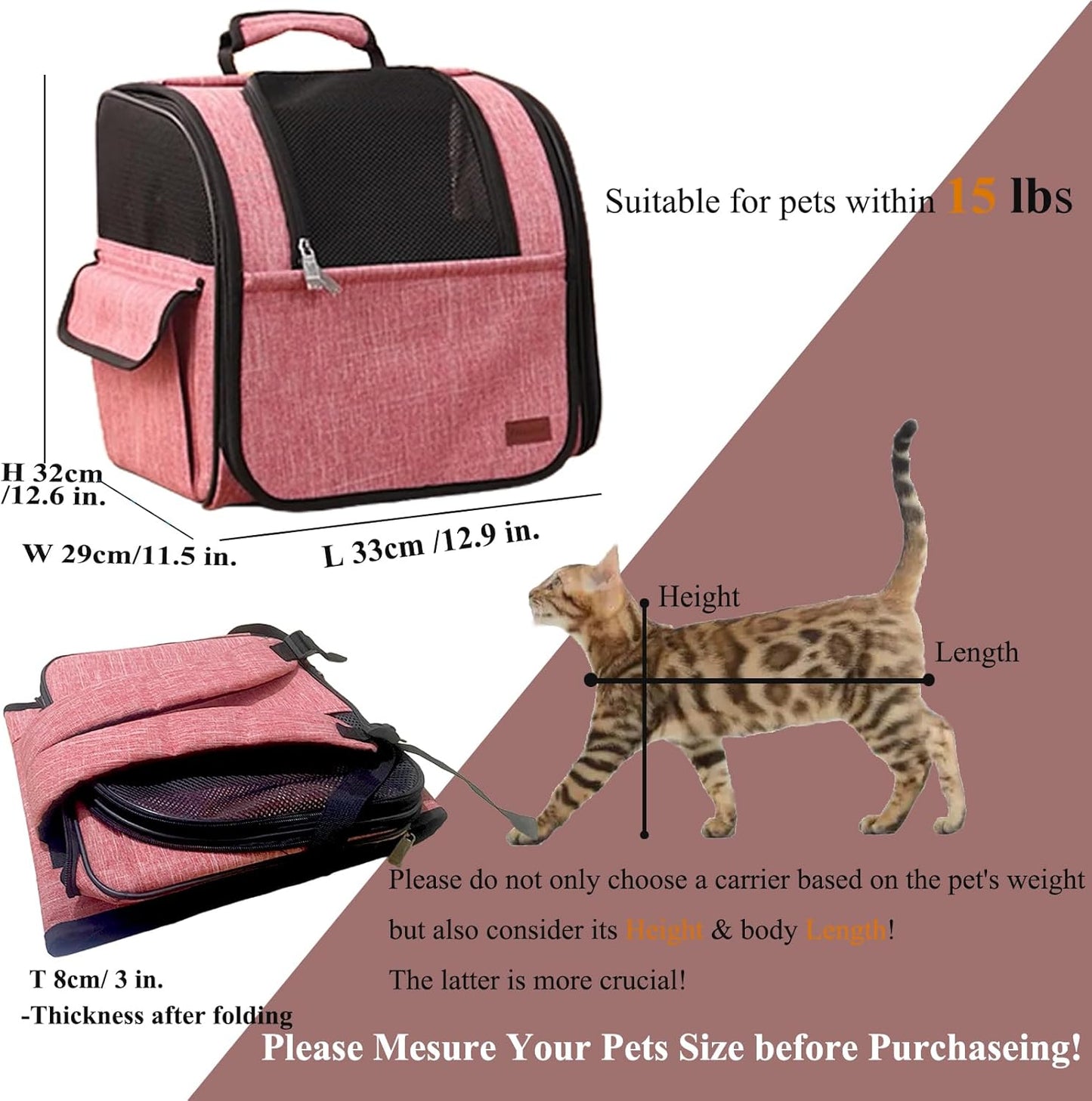 HSC PET Dog Strollers Small Dog Backpacks Softsides Carriers for Elderly Pets Strollers Travel Bags Puppy Detachable Rolling Wheels Small Animal Like Bunny Rabbit Kittens Puppy Outdoor (Pink)